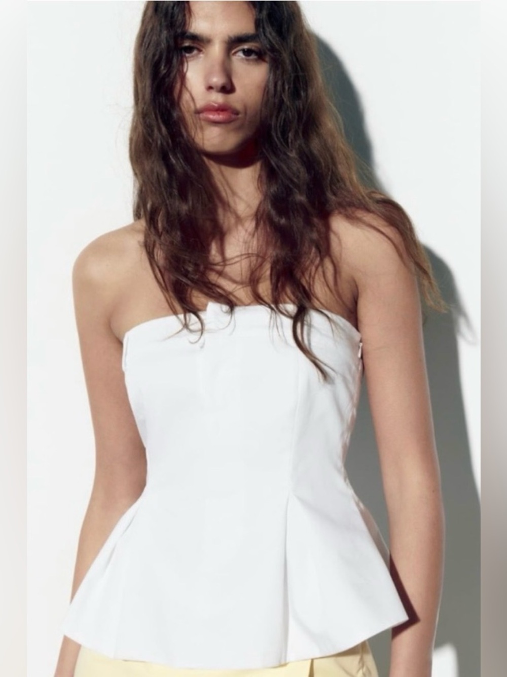 Zara NWT White Gabardine Strapless Peplum Top